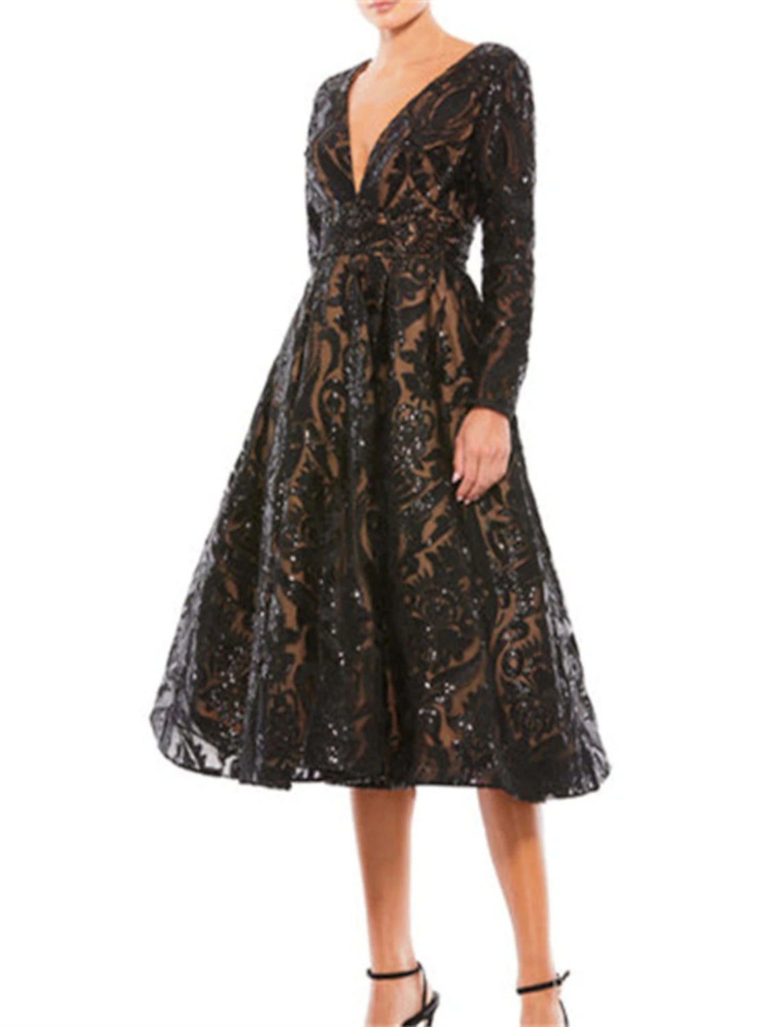 Wholesale A-Line Cocktail Dresses Party Dress Wedding Guest Wedding Party Knee Length Long Sleeve V Neck Sequined with Crystals Sequin